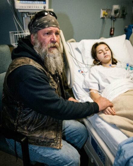 For six months in a row, without missing a single day, a man arrived at my daughter’s hospital room at exactly three in the afternoon. He was unforgettable—tall and solid, gray beard brushing his chest, leather vest, heavy boots, tattoos winding over scarred hands.
