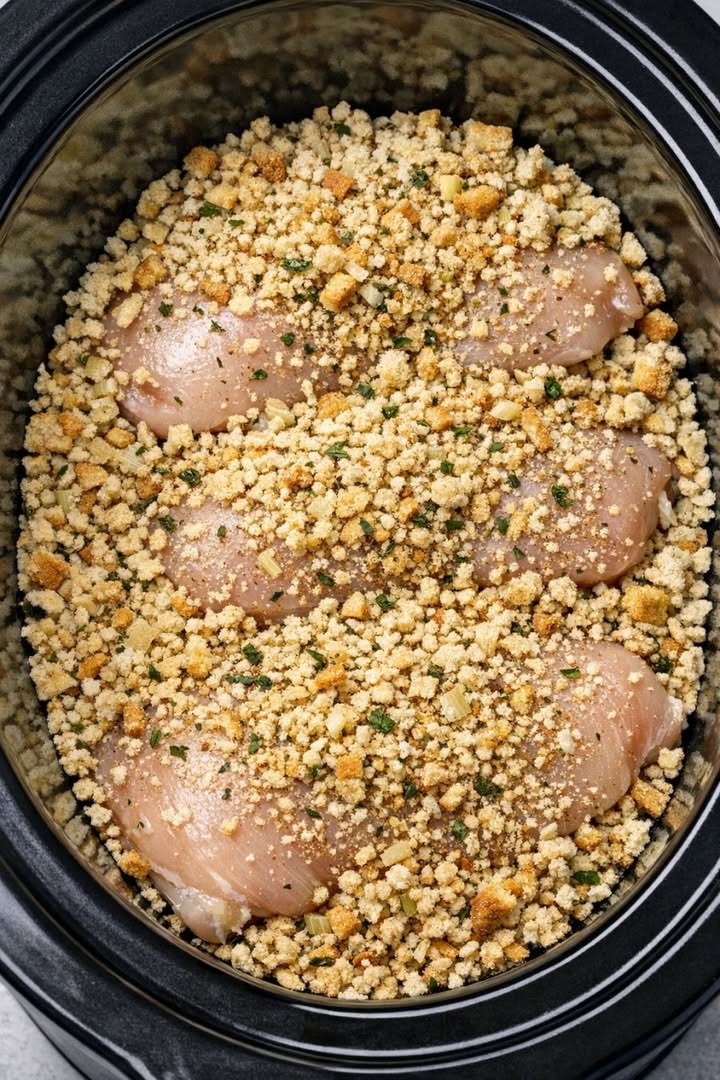 Put raw chicken into the crock with stuffing mix and dont stir