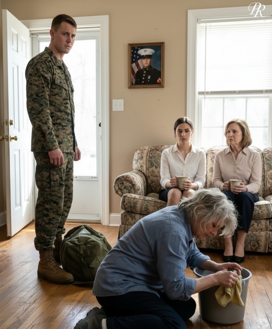 After five years away, my soldier son came home and found me on my knees scrubbing my own floors—while his wife and her mother sat on the couch, calmly sipping coffee.