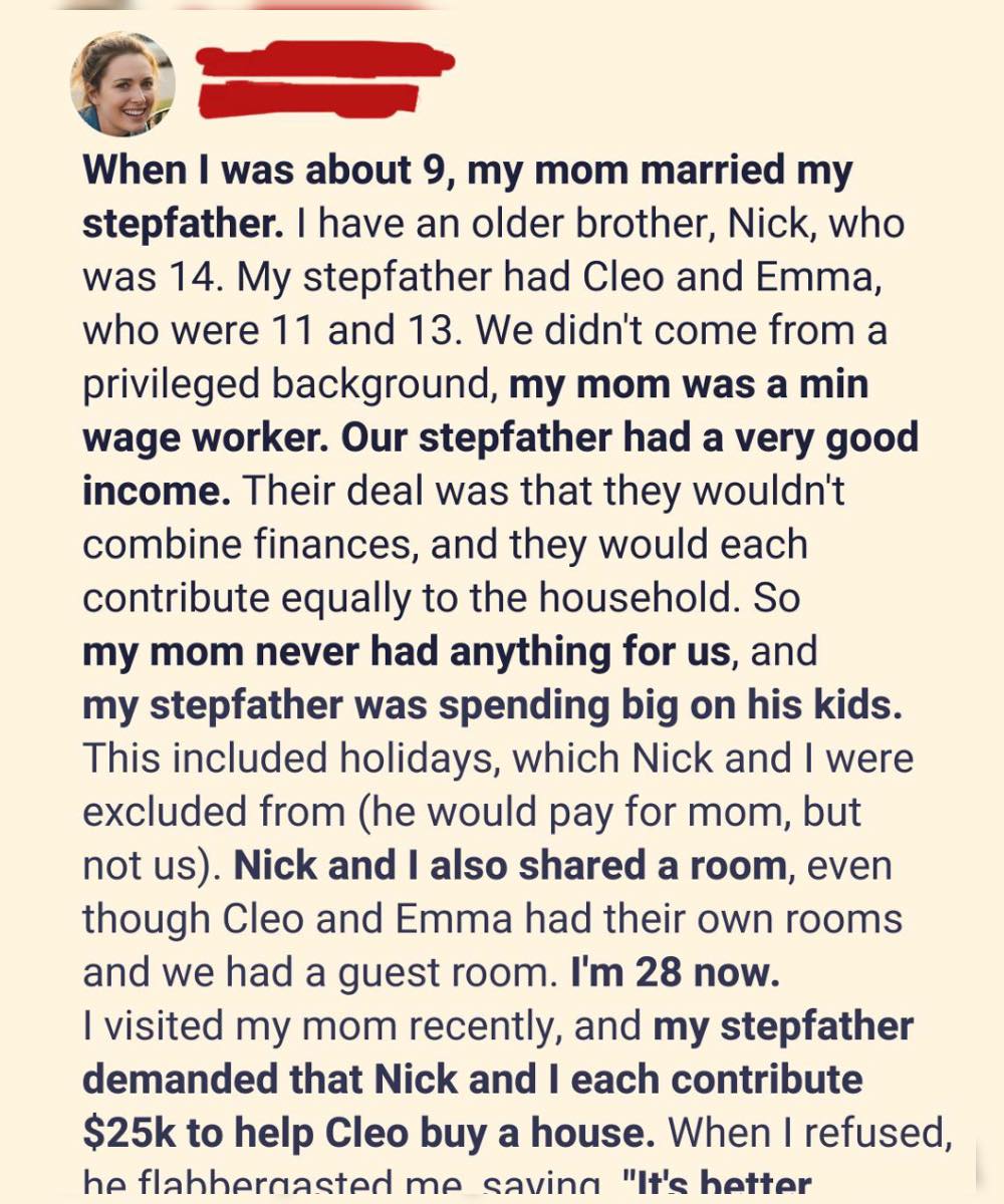 My stepfather demanded I pay for his daughter’s new house — but what he didn’t know was that my mother had been hiding a 19-year secret that would change everything.
