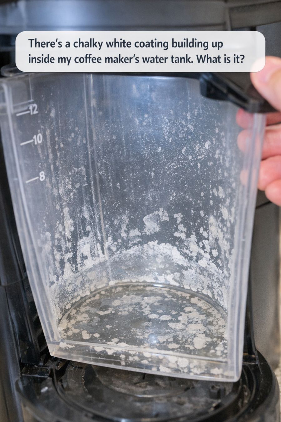 There’s a chalky white coating building up inside my coffee maker’s water tank. What is it?