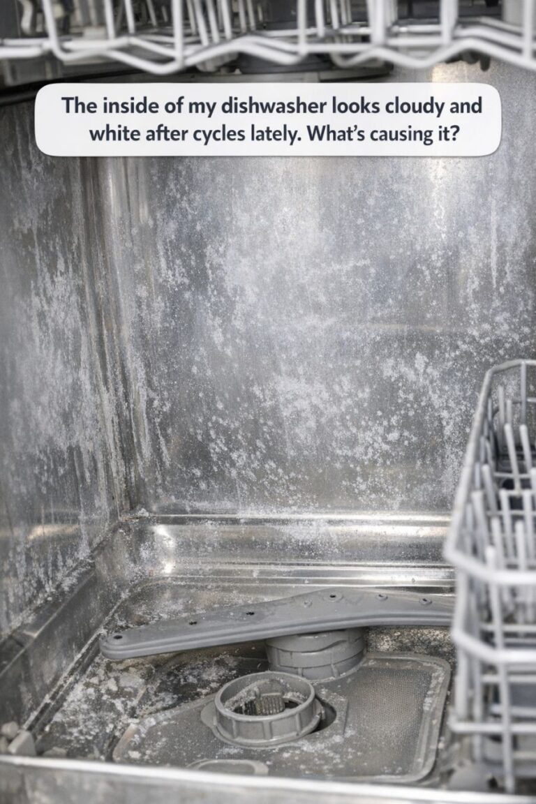 The inside of my dishwasher looks cloudy and white after cycles lately. What’s causing it?