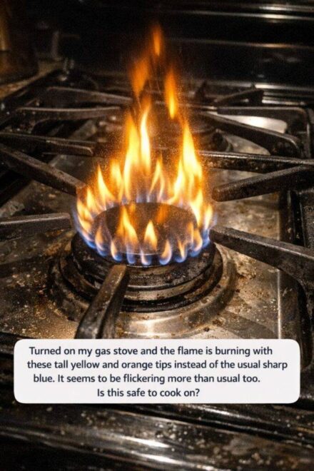 Turned on my gas stove and the flame is burning with these tall yellow and orange tips instead of the usual sharp blue. It seems to be flickering more than usual too. Is this safe to cook on?