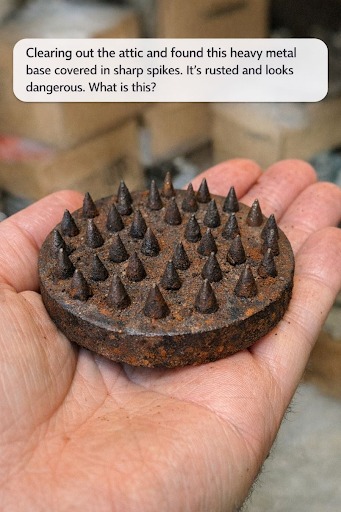 Clearing out the attic and found this heavy metal base covered in sharp spikes. It’s rusted and looks dangerous. What is this?.