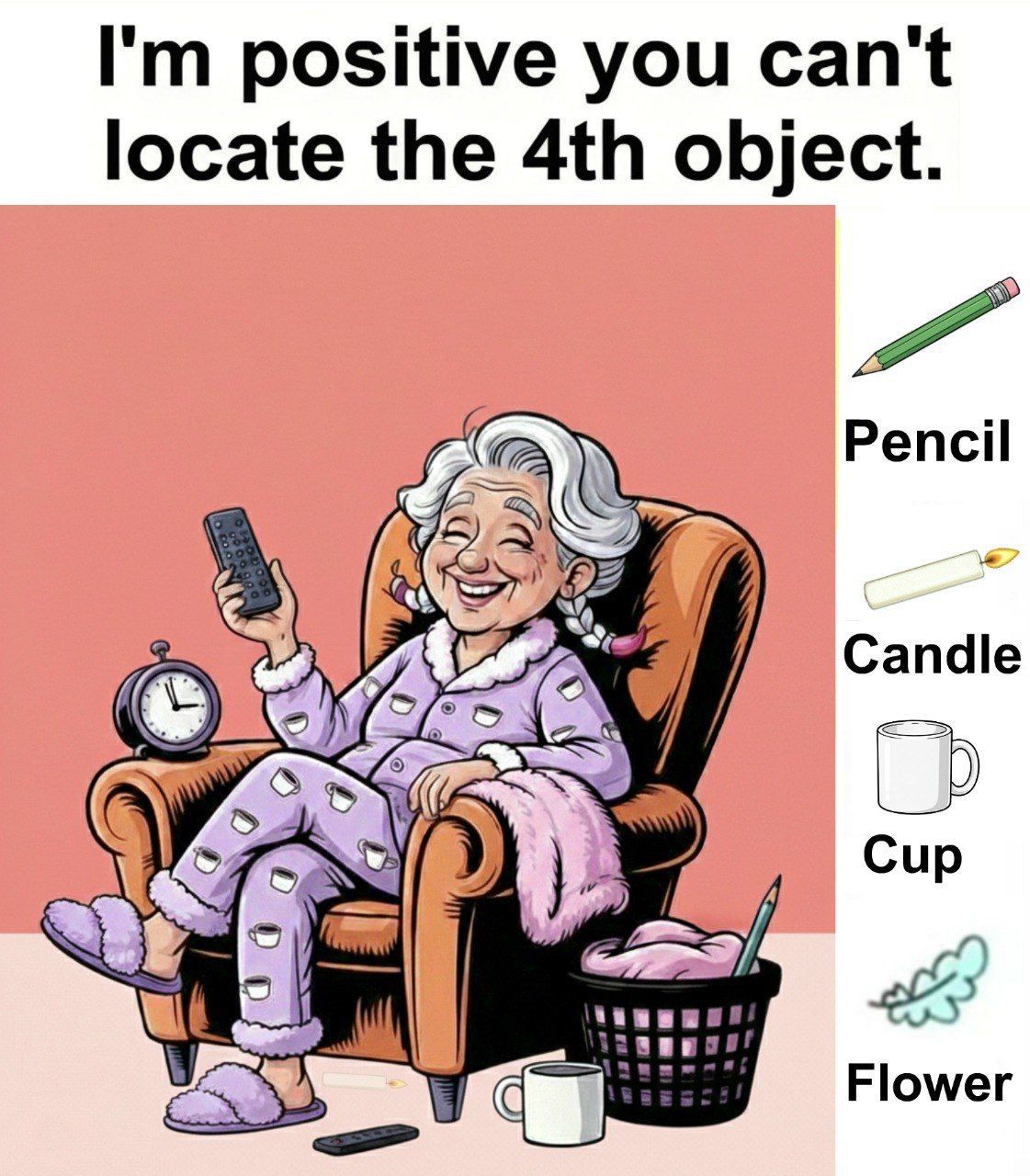 Try to find the pencil, candle, cup, and flower