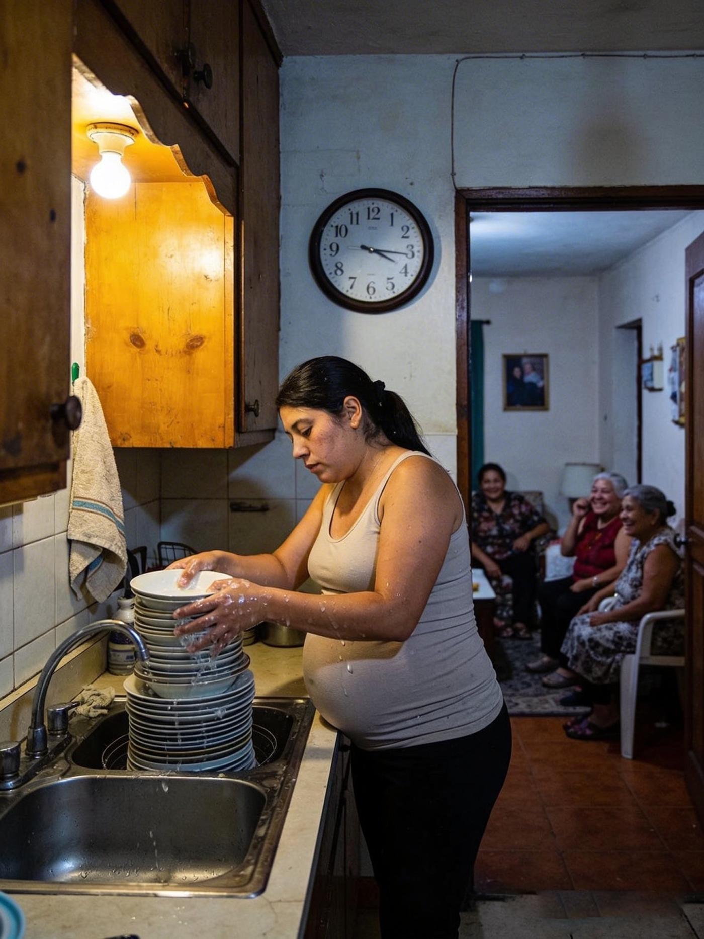 When I saw my eight-month pregnant wife washing dishes alone at ten o’clock at night, I called my three sisters and said something that left everyone silent. But the strongest reaction… it came from my own mother.