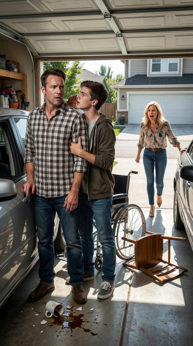 My wife left for a “girls’ trip,” leaving me with our paralyzed son, who hasn’t walked in six years. The moment her car left the driveway, he stood up and walked to me. He whispered, “Dad, we need to leave this house now…” I dropped my coffee and ran to the garage. As I started the car, we heard….