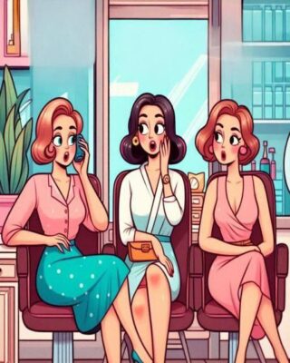 Three women are sitting in a beauty parlor, chatting about their husbands.