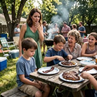 During a family cookout, my sister’s child was given a thick, beautiful T-bone steak, while my son was served nothing but a burnt slab of fat. My mother chuckled, “That’s plenty for a child like him.” My sister laughed and added, “Even a dog would eat better than that!” My son lowered his eyes to his plate and quietly said, “Mom, I’m happy with this meat.” One hour later, when the truth behind those words hit me, I began to shake in terror.