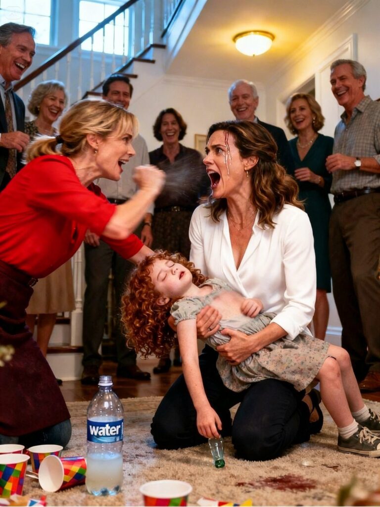 “It’s just a joke,” my sister laughed while my nine-year-old daughter lay unconscious on the basement floor after their ‘who can drink the most water’ game… but the moment I smelled the bottle and realized what they had actually forced her to drink, something inside me finally snapped—and I slapped my golden-child sister across the face in front of everyone.