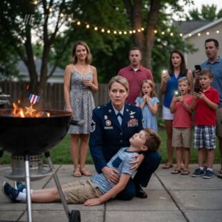 I never told my sister-in-law I was a four-star general. To her, I was just a “failure soldier,” while her father was the police chief. At a family BBQ, I saw my Silver Star medal thrown straight into the burning coals. My eight-year-old son screamed, “Aunt Sarah stole it from the cabinet!” The answer came instantly: a vicious slap across his face. “Shut up, you nosy little brat.” He collapsed to the ground, unconscious. She didn’t stop. “I’m sick of that fake glory. A medal for failure.” I called the police. She laughed until her father knelt and begged for forgiveness.