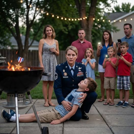 I never told my sister-in-law I was a four-star general. To her, I was just a “failure soldier,” while her father was the police chief. At a family BBQ, I saw my Silver Star medal thrown straight into the burning coals. My eight-year-old son screamed, “Aunt Sarah stole it from the cabinet!” The answer came instantly: a vicious slap across his face. “Shut up, you nosy little brat.” He collapsed to the ground, unconscious. She didn’t stop. “I’m sick of that fake glory. A medal for failure.” I called the police. She laughed until her father knelt and begged for forgiveness.