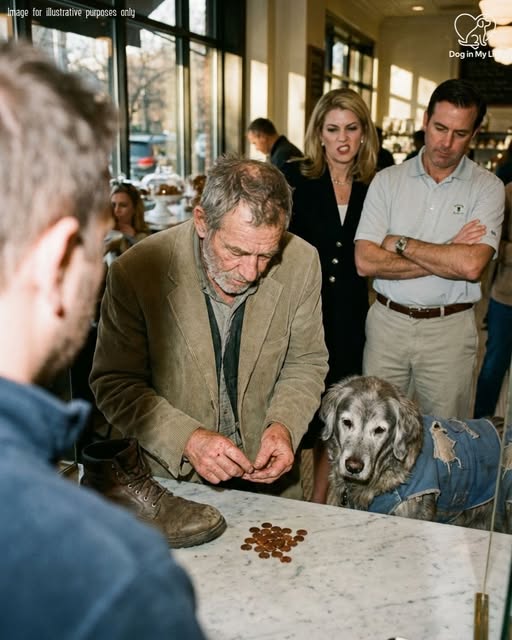 I watched a wealthy couple humiliate an old man for buying a dog treat with pennies, completely unaware the dog’s faded vest would destroy them.