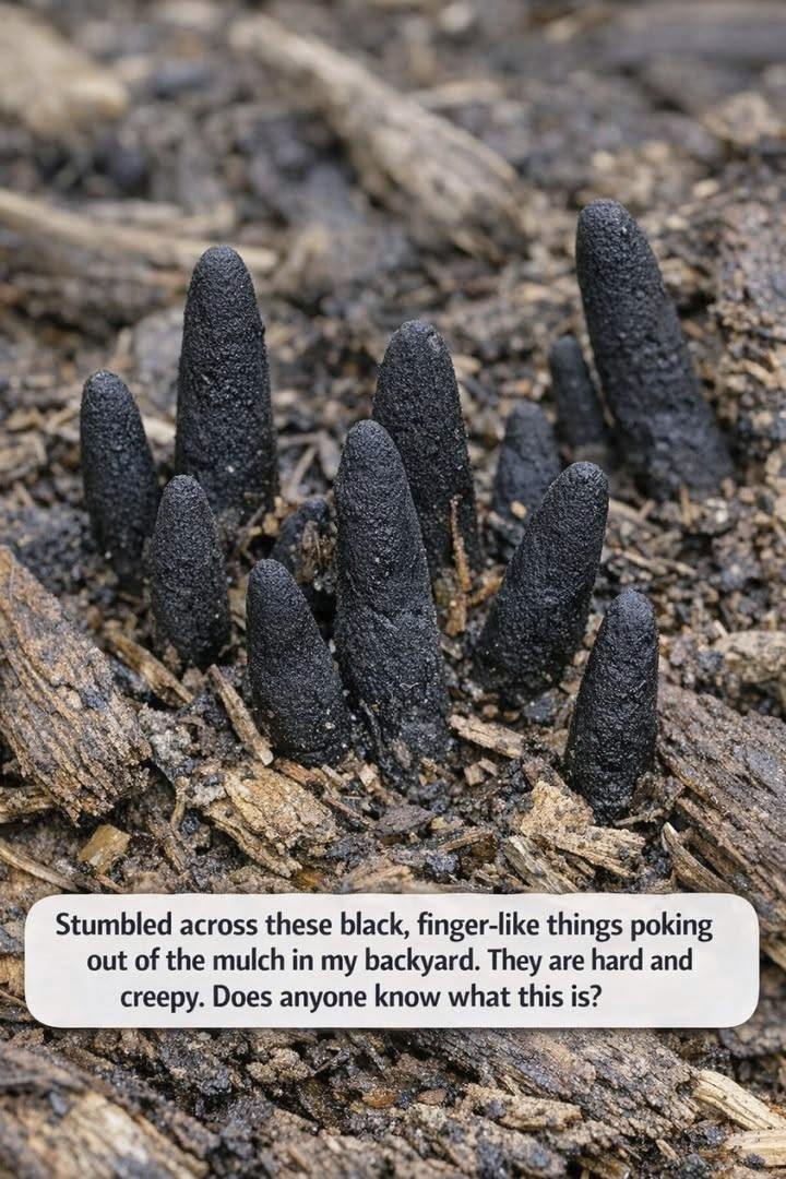 Stumbled across these black, finger-like things poking out of the mulch in my backyard. They are hard and creepy. Does anyone know what this is?