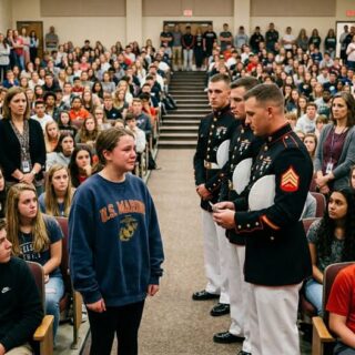 My daughter got detention for defending her late Marine father — but when FOUR MEN IN UNIFORM walked into the school the next day, the entire building went silent.