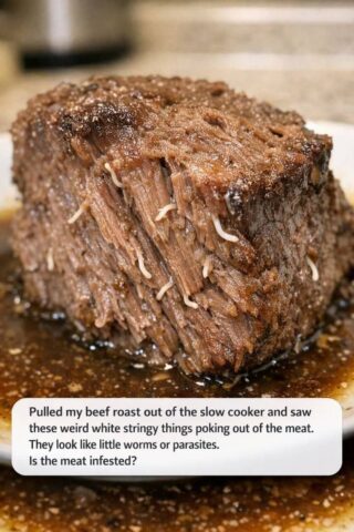 Pulled my beef roast out of the slow cooker and saw these weird white stringy things poking out of the meat. They look like little worms or parasites. Is the meat infested?