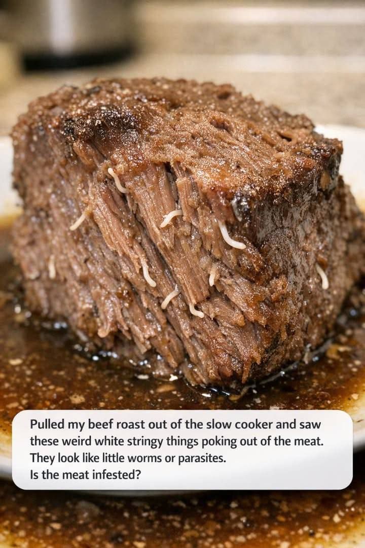 Pulled my beef roast out of the slow cooker and saw these weird white stringy things poking out of the meat. They look like little worms or parasites. Is the meat infested?