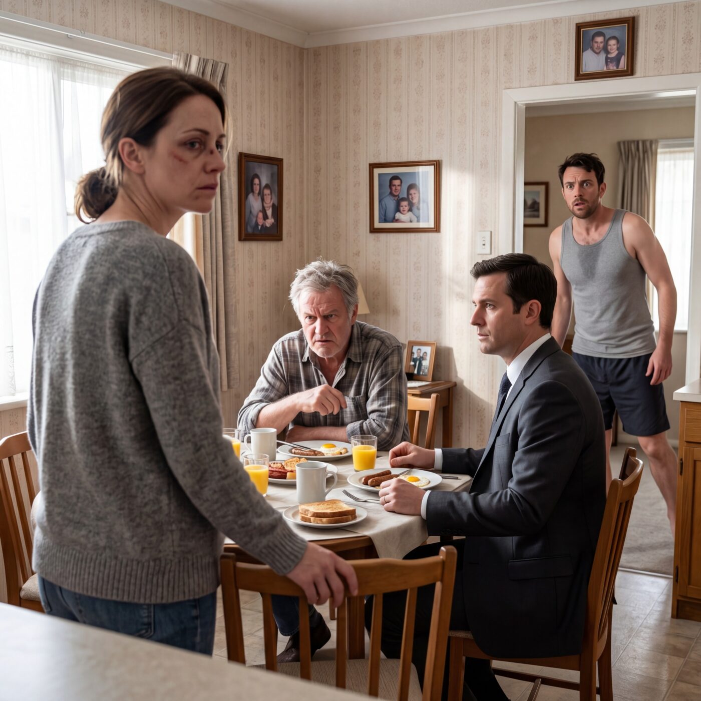 After I caught my husband cheating, he h.i.t me. By morning, he woke to the scent of his favorite dish and smirked, “So you finally know you were wrong?” … then he saw who was at the table — and froze in panic …