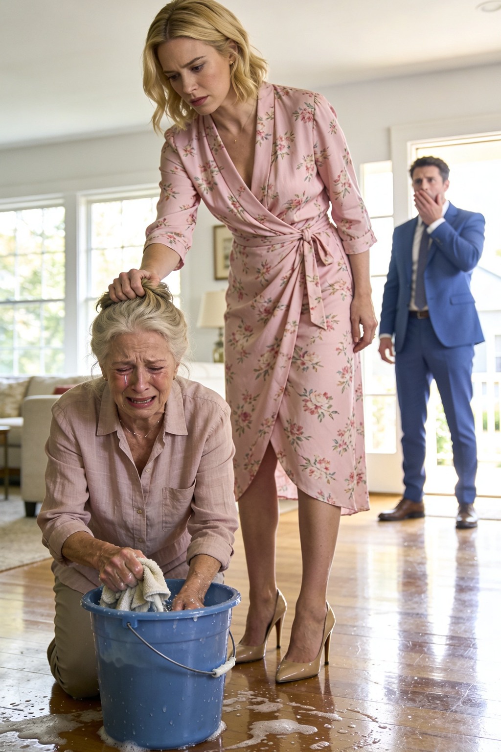 I came home from the USA with a suitcase full of gifts and a heart full of trust. The door wasn’t even locked. I heard my wife’s voice—cold, sharp: “Faster. Don’t act old in my house.” Then my mother’s trembling reply cut through me: “Please… my hands hurt.” I froze in the hallway, watching her scrub the floor like a maid. My stomach dropped. My wife turned, smiled, and said, “Oh… you’re early.” And that’s when I realized—this wasn’t the first time.
