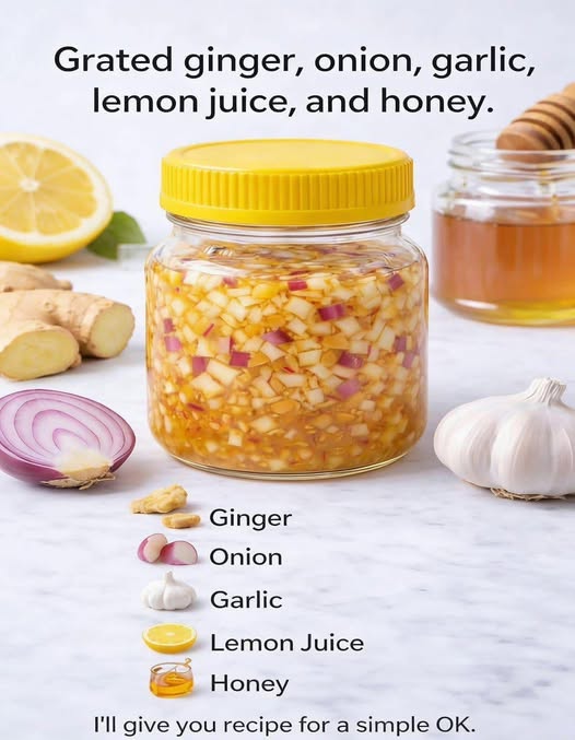 natural remedy combines ginger, onion, garlic, lemon juice, and honey
