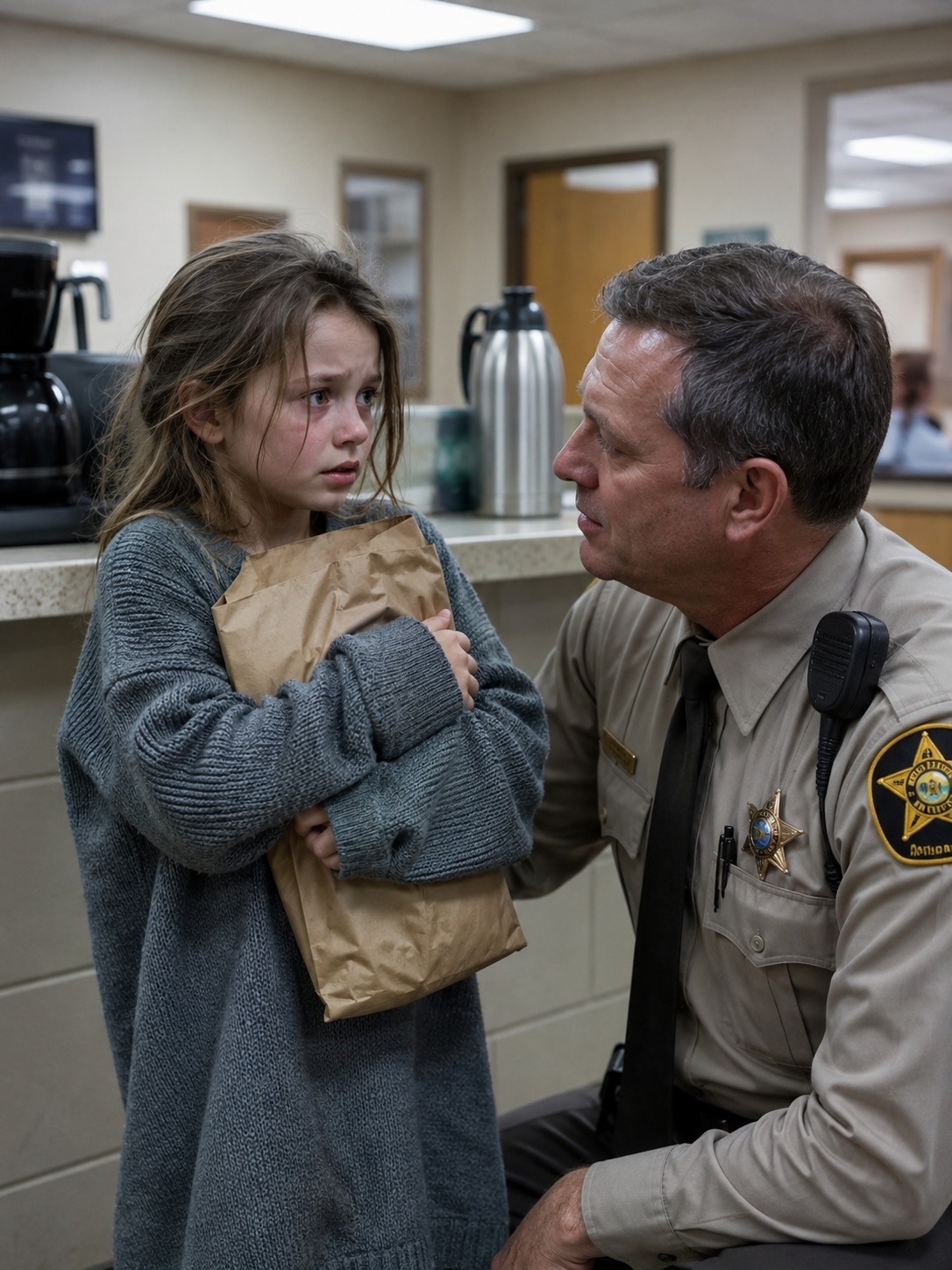 She was only seven when she walked nine blocks in the dark with her baby brother hidden in a grocery bag, stepped barefoot into the Briar Glen Police Department at 9:46 p.m., and whispered, “Please… I brought him here alone,” but the real terror began when Deputy Evan Hollis opened the folded note from her mother, realized the child had followed a secret escape plan perfectly, and then saw the man the note warned about walk through the station doors acting calm enough to fool everyone — except the little girl who already knew exactly what his smile meant